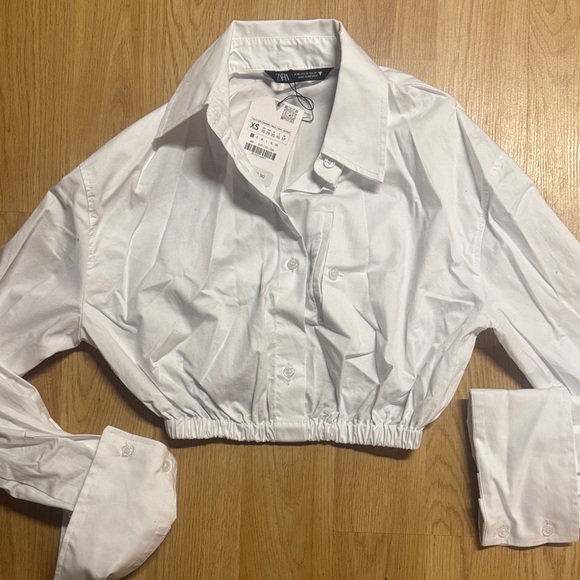 Zara NWT NEW size XS x-small White Cropped Shirt Elastic Hem dress blouse top - Picture 2 of 9